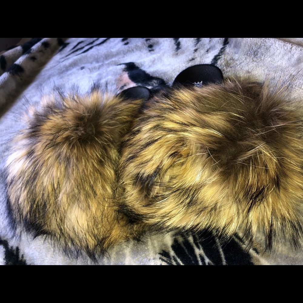 Tan,brown and black authentic fur slipper slides